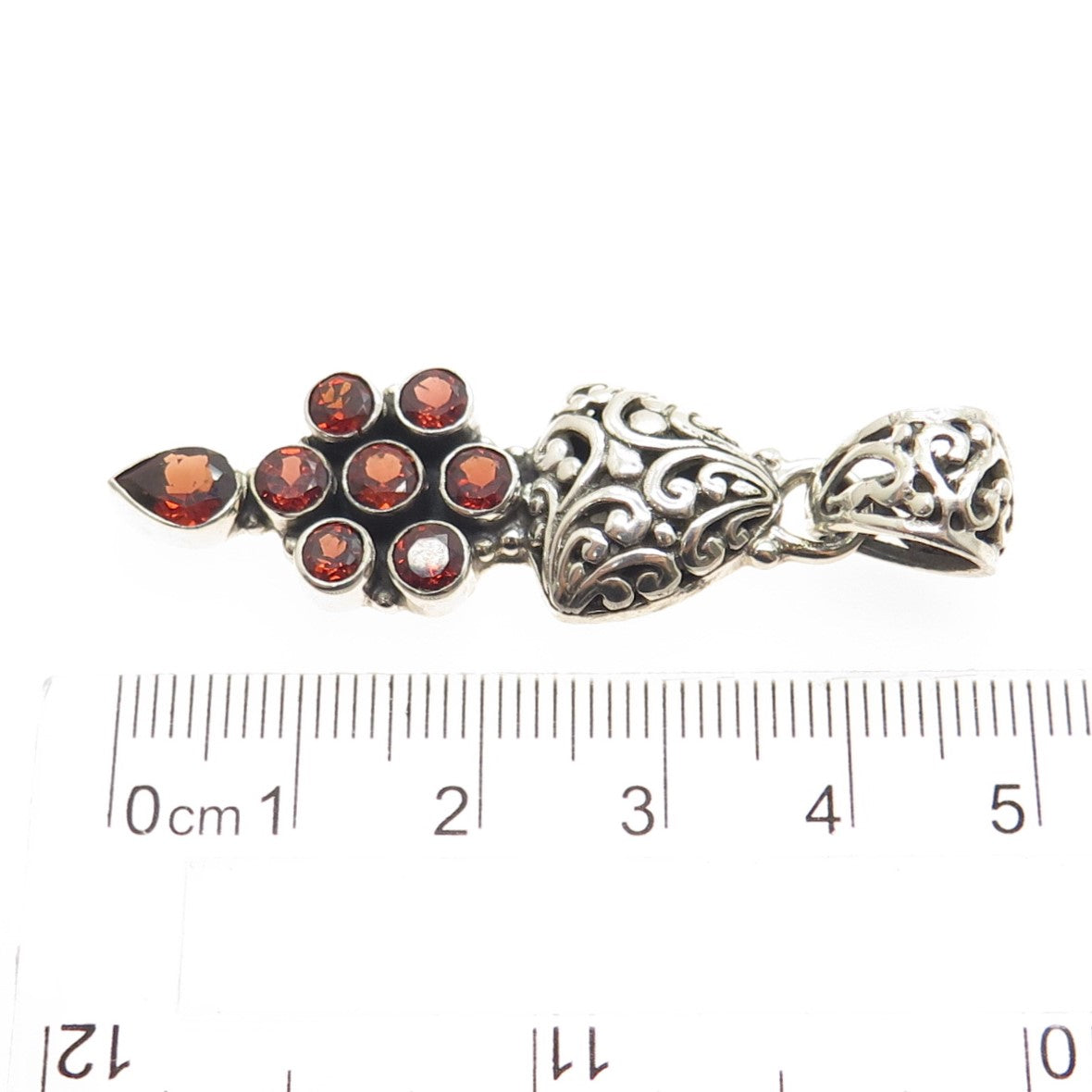 925 Sterling Silver Vintage Real Round & Pear-Cut Red Garnet Ornate Pendant