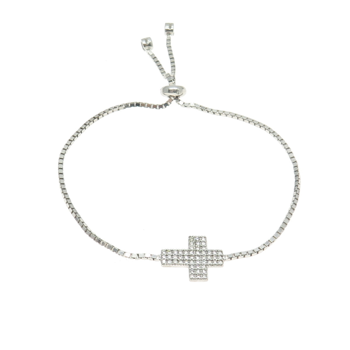 925 Sterling Silver Pave C Z Cross Box Link Bracelet 9.5"