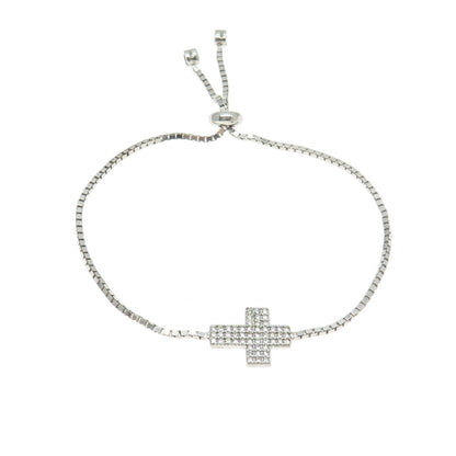 925 Sterling Silver Pave C Z Cross Box Link Bracelet 9.5"