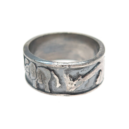925 Sterling Silver Vintage Mexico Safari Animals Oxidized Band Ring Size 9.75