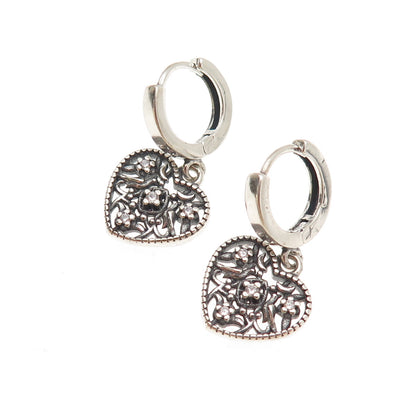 925 Sterling Silver Round-Cut C Z Heart Dangle Charm Hoop Earrings