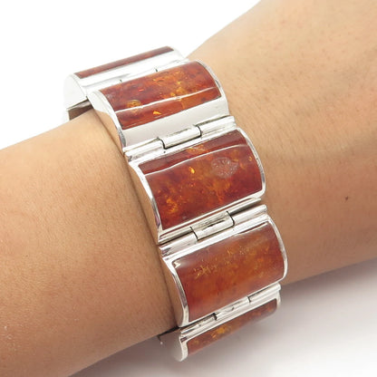 925 Sterling Silver Vintage Real Amber Tennis Panel Link Bracelet 7"