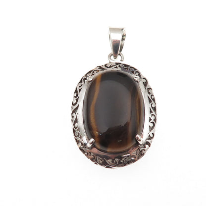 925 Sterling Silver Vintage Real Tiger Eye Floral Scroll Charm Pendant
