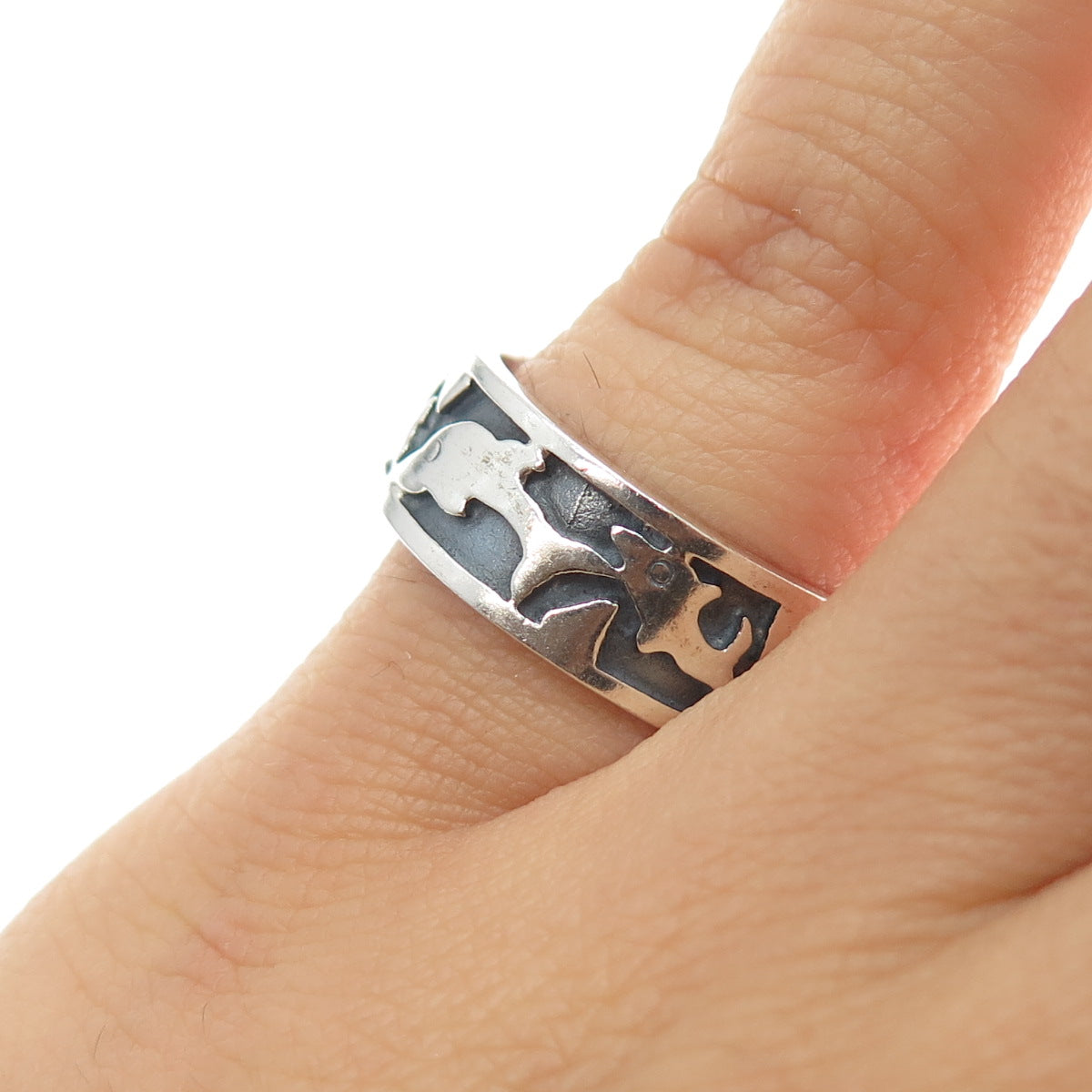 925 Sterling Silver Vintage Dolphin Oxidized Band Ring Size 6
