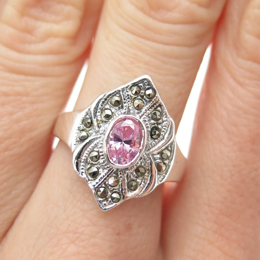 925 Sterling Silver Vintage Real Marcasite & Pink C Z Ring Size 7.75