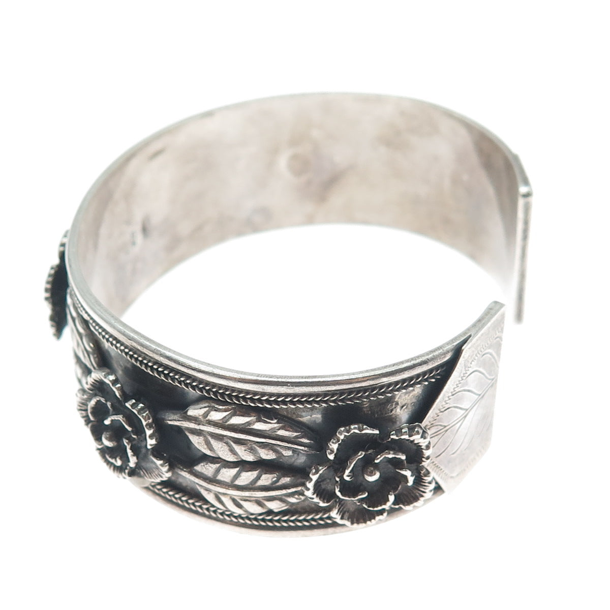 925 Sterling Silver Vintage MRF Flower Oxidized Adjustable Cuff Bracelet 7.25"