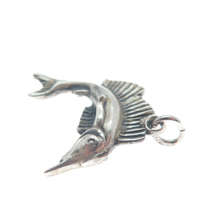 WELLS 925 Sterling Silver Vintage Swordfish Oxidized 3D Charm Pendant