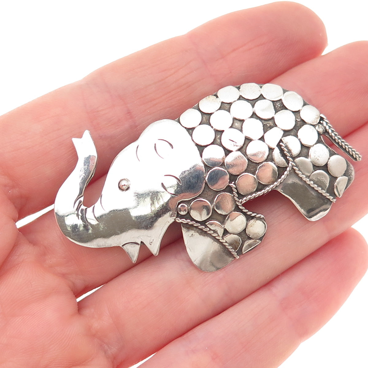 925 Sterling Silver Vintage Elephant Dotted Oxidized Pin Brooch