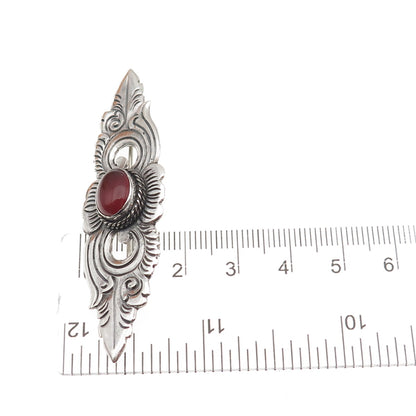 925 Sterling Silver Vintage Real Carnelian Floral Oxidized Pin Brooch