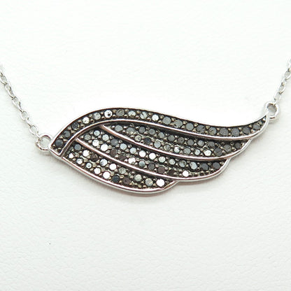 925 Sterling Silver Real Round-Cut Black Diamond Angel Wing Chain Necklace 18"