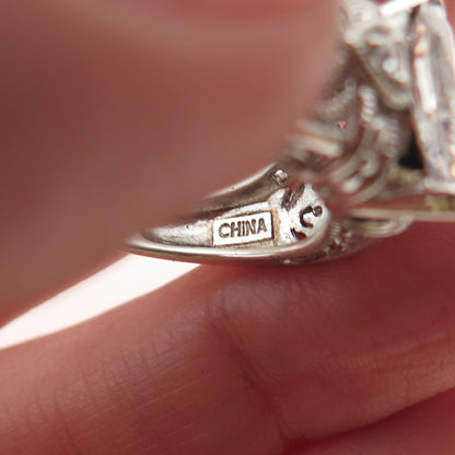 925 Sterling Silver Marquise & Round-Cut C Z Floral Ring Size 6.25