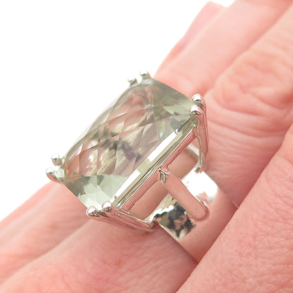 925 Sterling Silver Real Emerald-Cut Green Amethyst Statement Ring Size 6.5