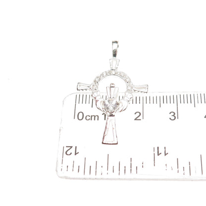 925 Sterling Silver Round & Heart-Cut C Z Irish Claddagh Cross Charm Pendant