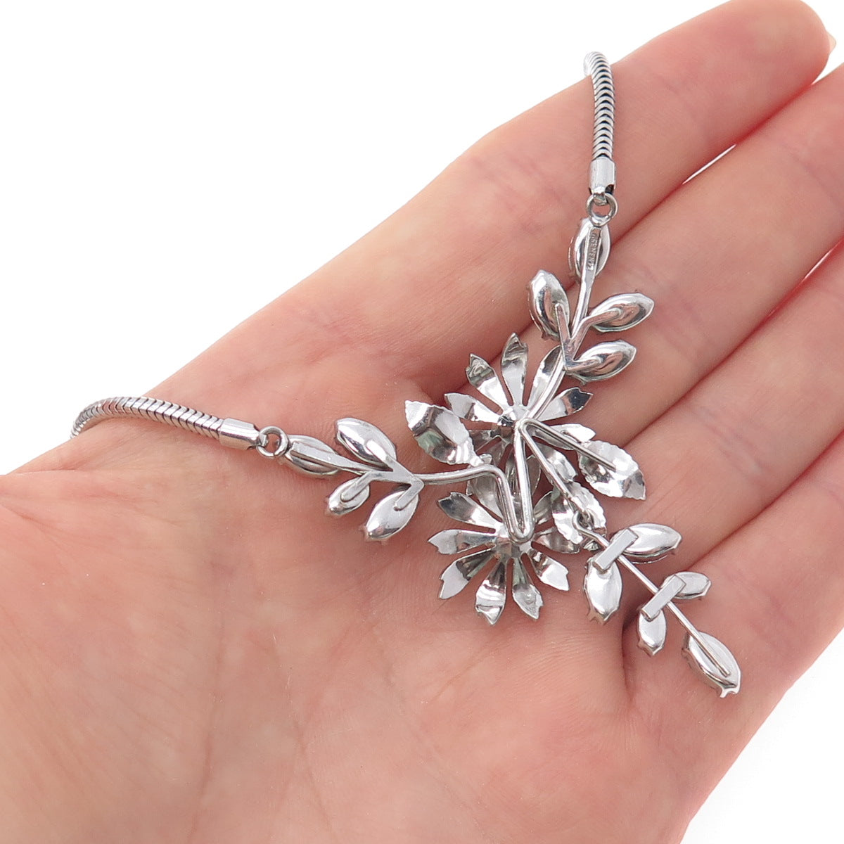 KREMENTZ 925 Sterling Silver Vintage Rhinestone Flower Snake Chain Necklace 16"