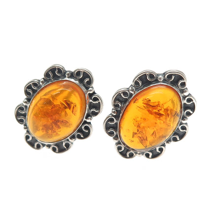 925 Sterling Silver Vintage Mexico Real Amber Flower Oxidized Clip On Earrings