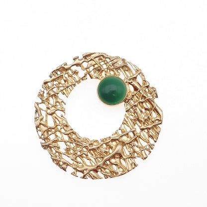 925 Sterling Gold Plated Vintage Real Green Onyx Modernist Crescent Pin Brooch