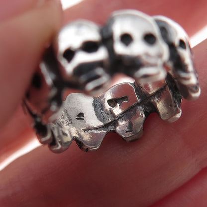 925 Sterling Silver Vintage Skull All Around Oxidized Band Ring Size 5.25