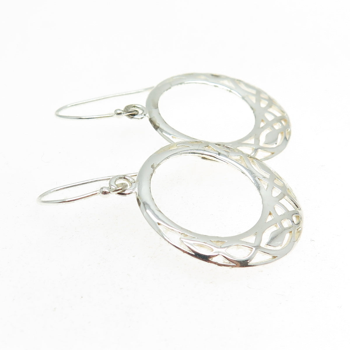 925 Sterling Silver Ornate Crescent Circle Dangle Earrings