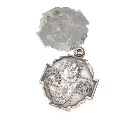 925 Sterling Silver Antique Art Deco 4-Way Religious Medal Double Slide Pendant