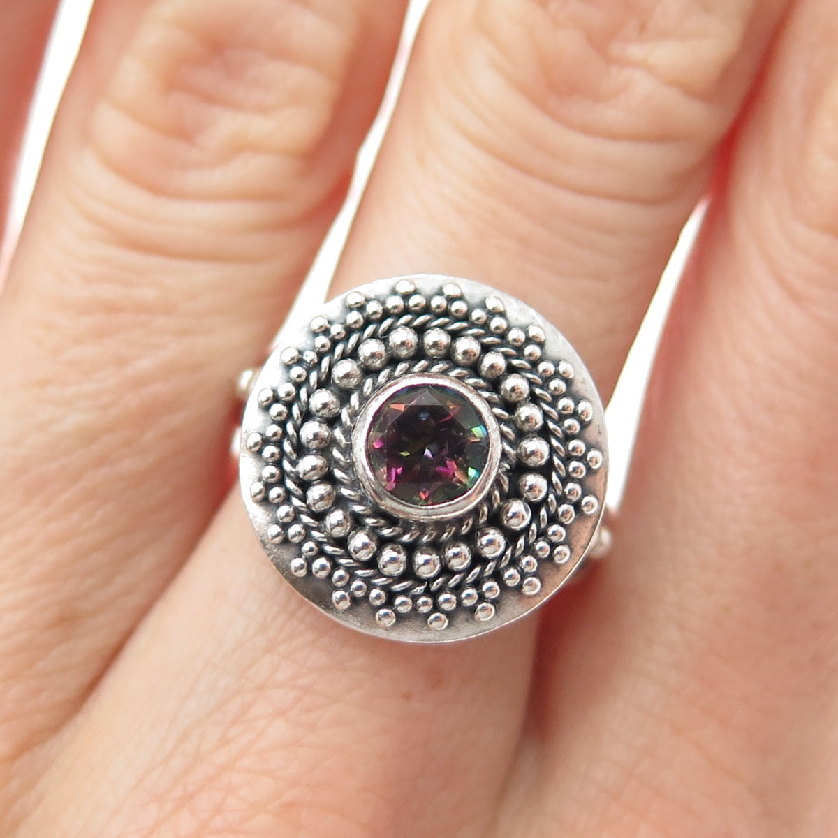 BC Silver Ned Bowman Sterling Vintage Mystic Quartz Beaded Oxidized Ring Size 8