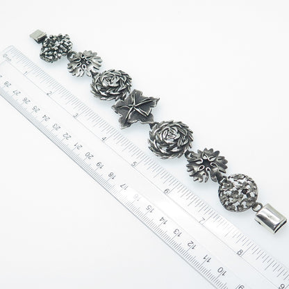 925 Sterling Silver Vintage Mexico Floral Leaf Oxidized Bracelet 8"