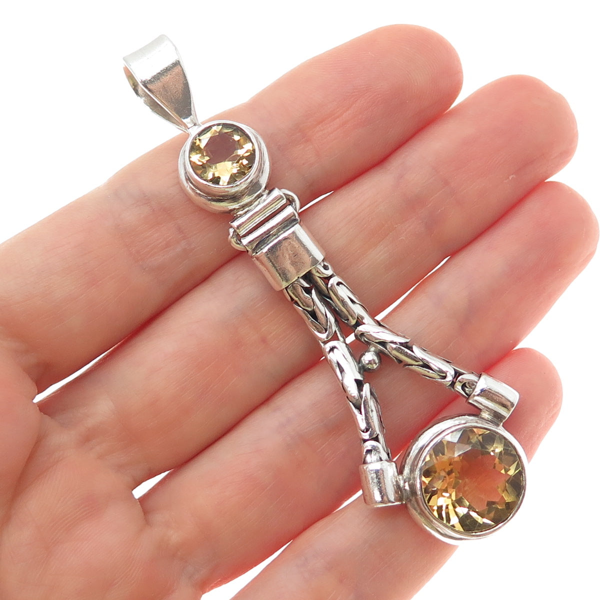 925 Sterling Silver Vintage Real Citrine Byzantine Link Modernist Pendant