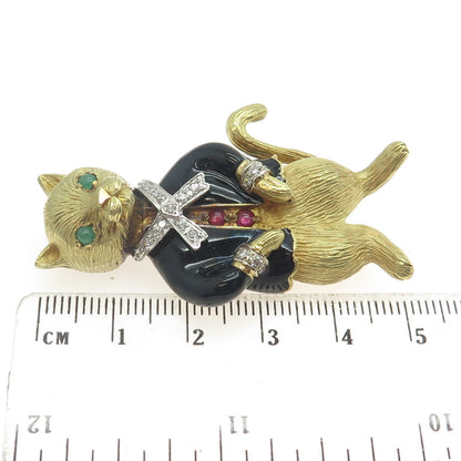 18K Yellow Gold Vintage Enamel Real 0.30ct Diamond Emerald & Ruby Cat Pin Brooch