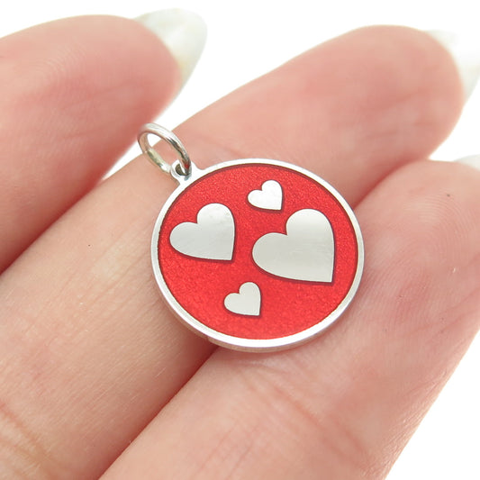 925 Sterling Silver Red Enamel Family Heart Round Tag Minimalist Charm Pendant