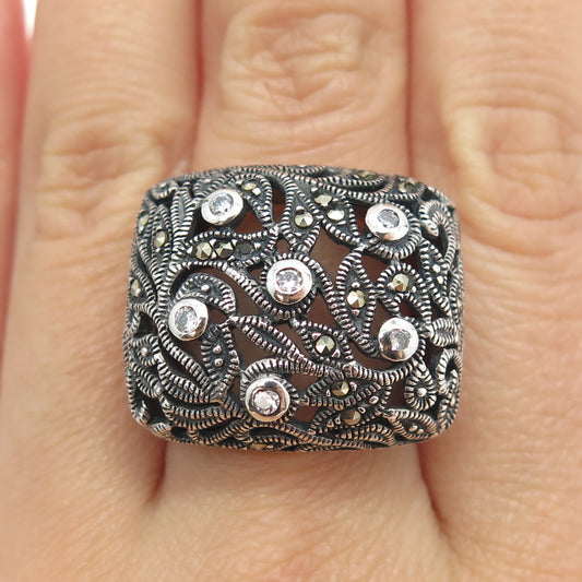 925 Sterling Silver Vintage Real Marcasite & C Z Floral Dome Ring Size 7.75