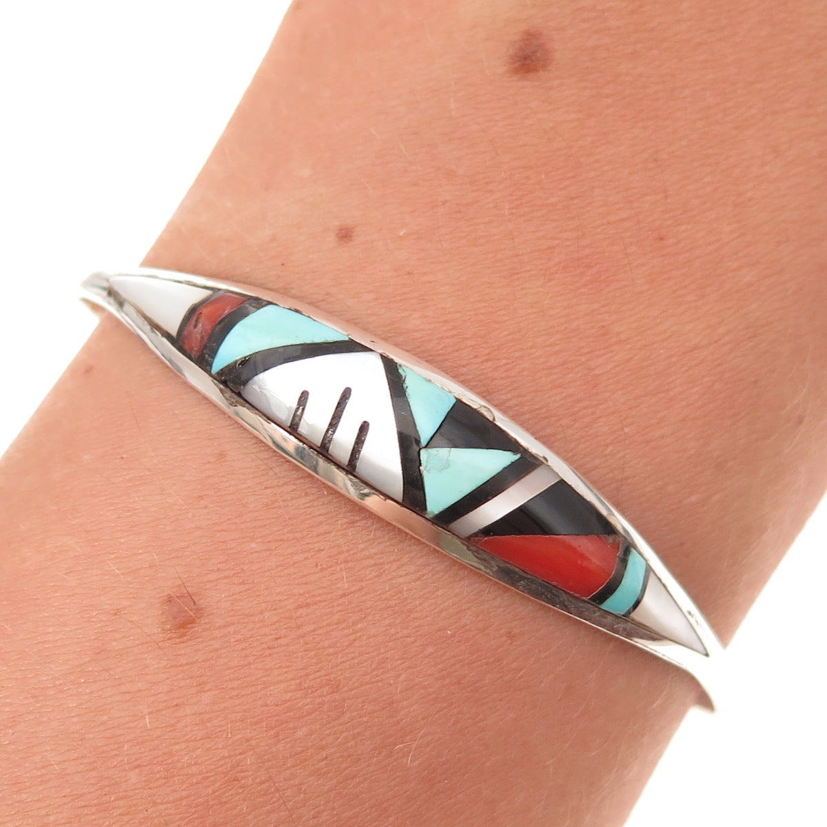 John & Rosalie Bowannie Zuni Old Pawn Sterling MultiGem Adjustable Bracelet 5.5"