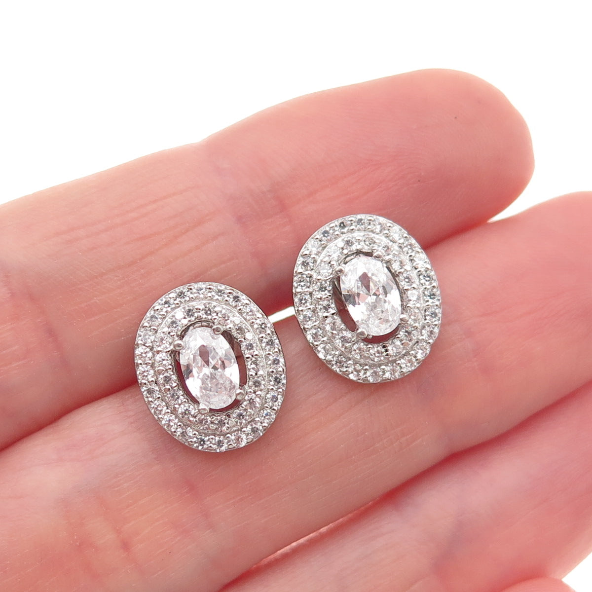 925 Sterling Silver Oval & Round-Cut C Z Stud Earrings