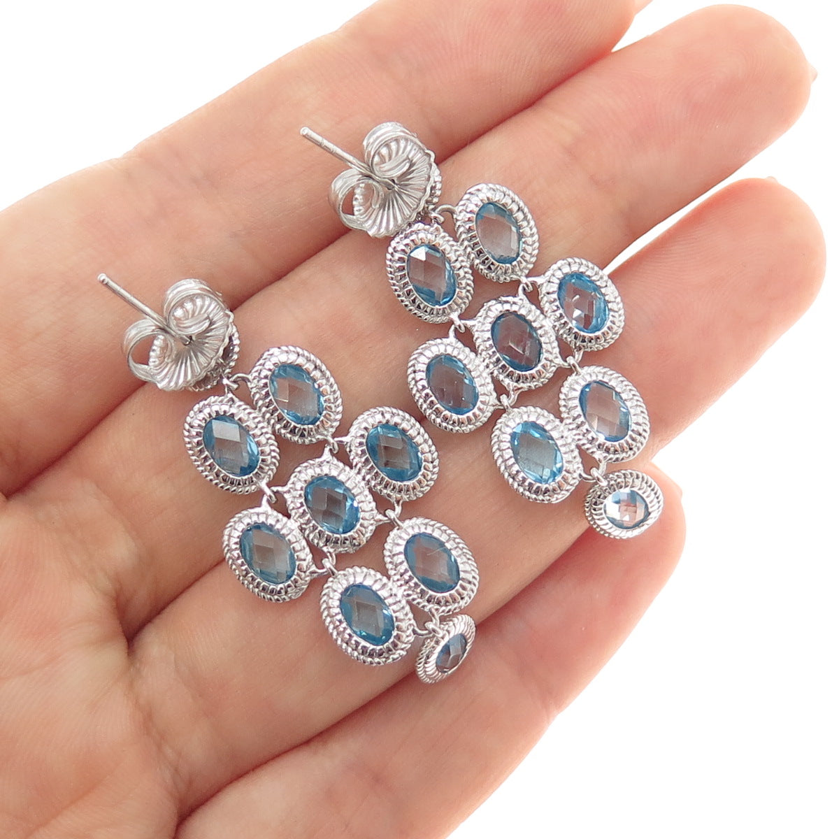 925 Sterling Silver Real Blue Topaz Cluster Dangle Earrings