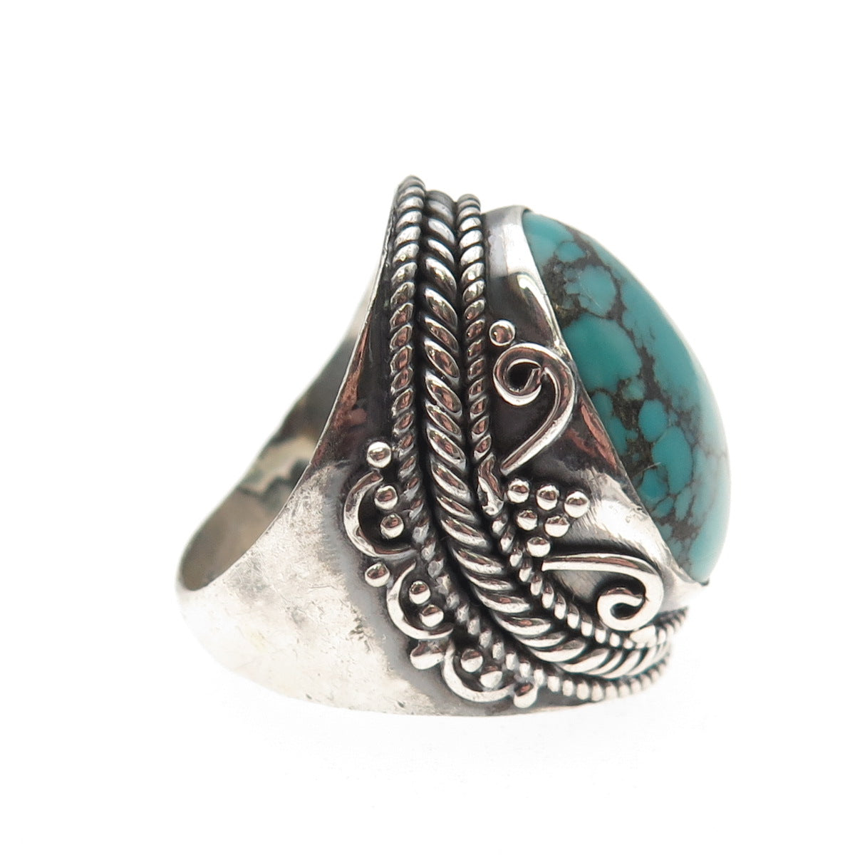 925 Sterling Silver Vintage Real Kingman Turquoise Oxidized Ring Size 8.75