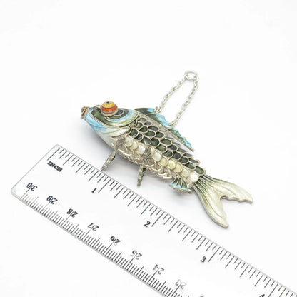 925 Sterling Silver Enamel Antique Chinese Koi Fish Chatelaine Pendant / Fob