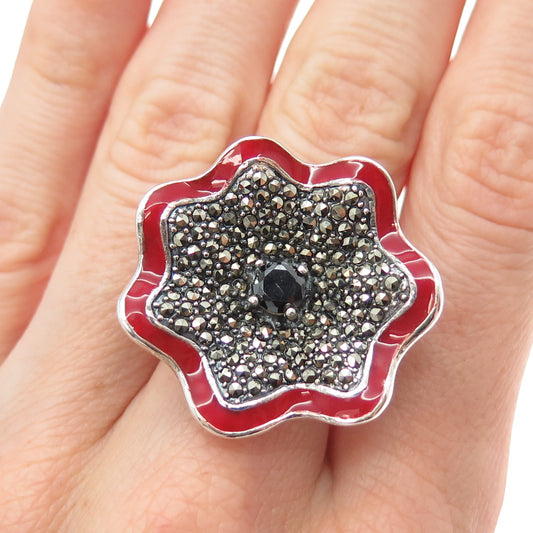 925 Sterling Silver Vintage Enamel Marcasite Black Spinel Flower Ring Size 7.25