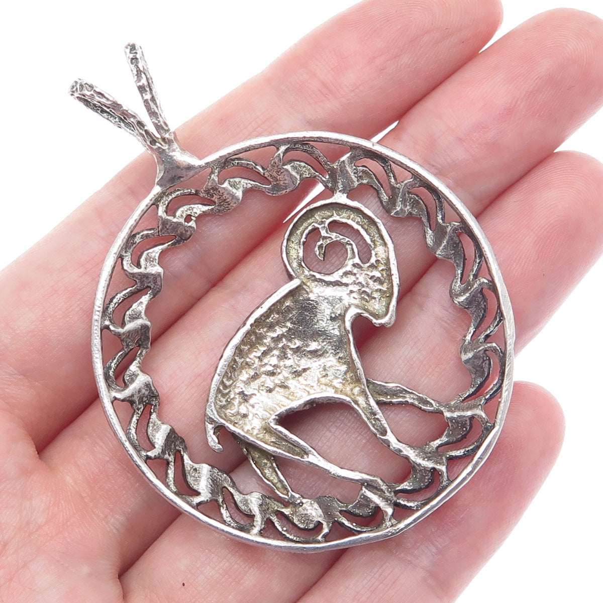 925 Sterling Silver Vintage Aries Zodiac Sign Oxidized Pendant
