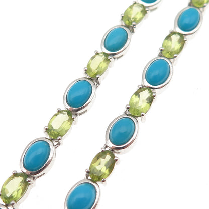 925 Sterling Silver Real Oval-Cut Turquoise & Peridot Chain Necklace 20"