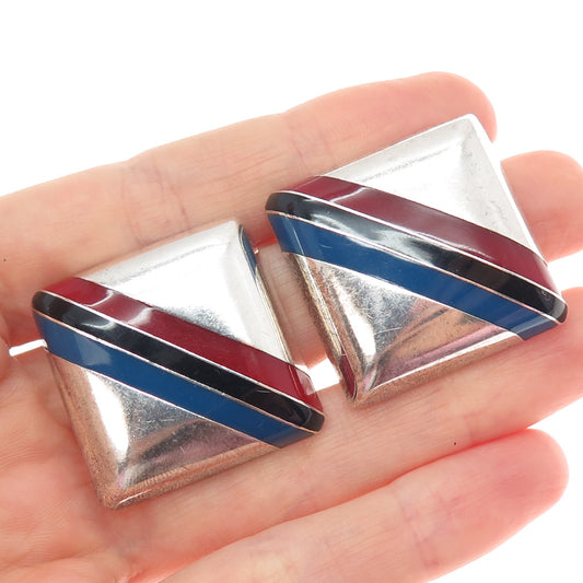925 Sterling Vintage GMH Mexico Multi-Color Enamel Modernist Clip On Earrings