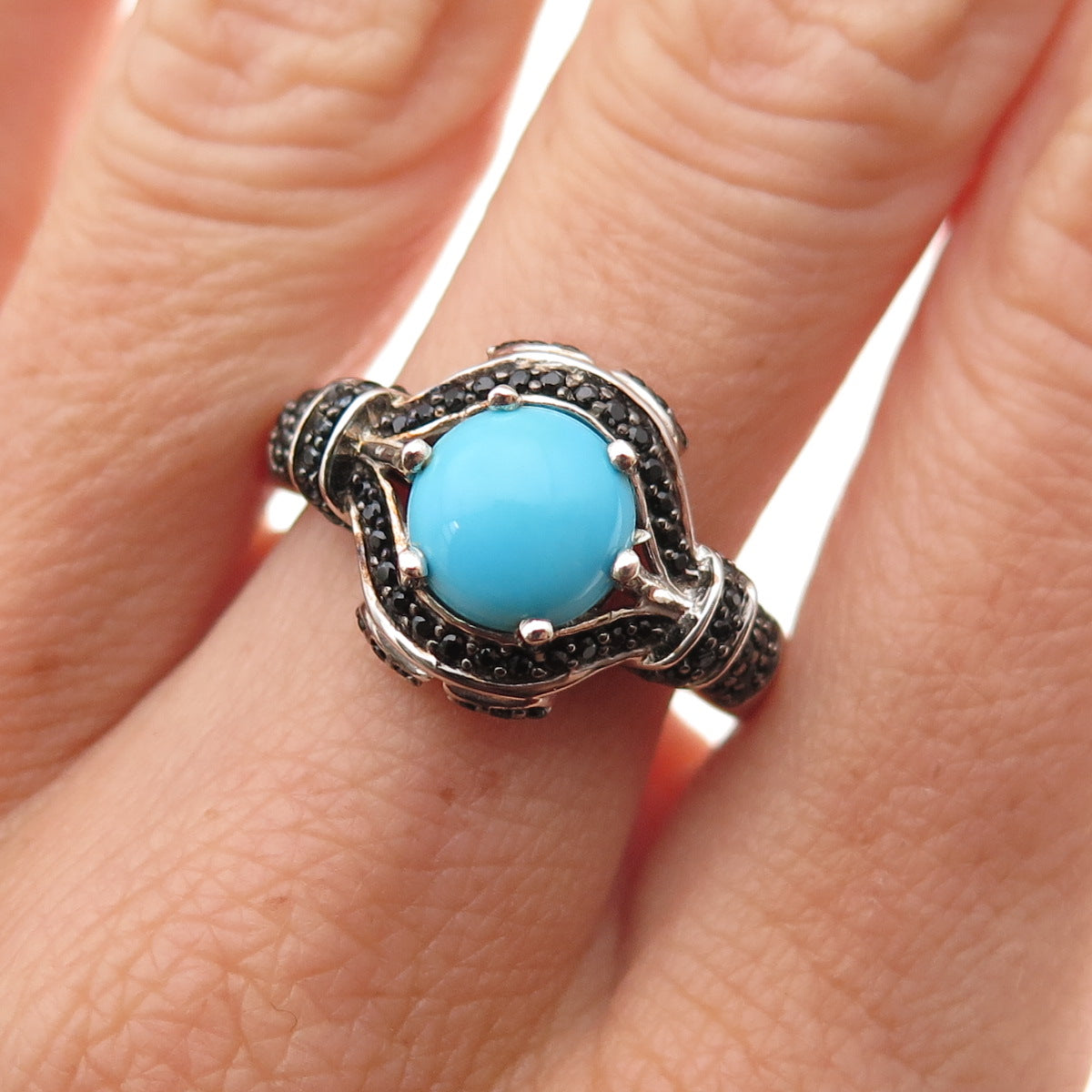 Chuck Clemency 925 Sterling Silver Real Turquoise & Black Spinel Ring Size 8