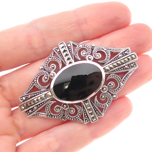 925 Sterling Silver Vintage Real Black Onyx & Marcasite Oxidized Pin Brooch