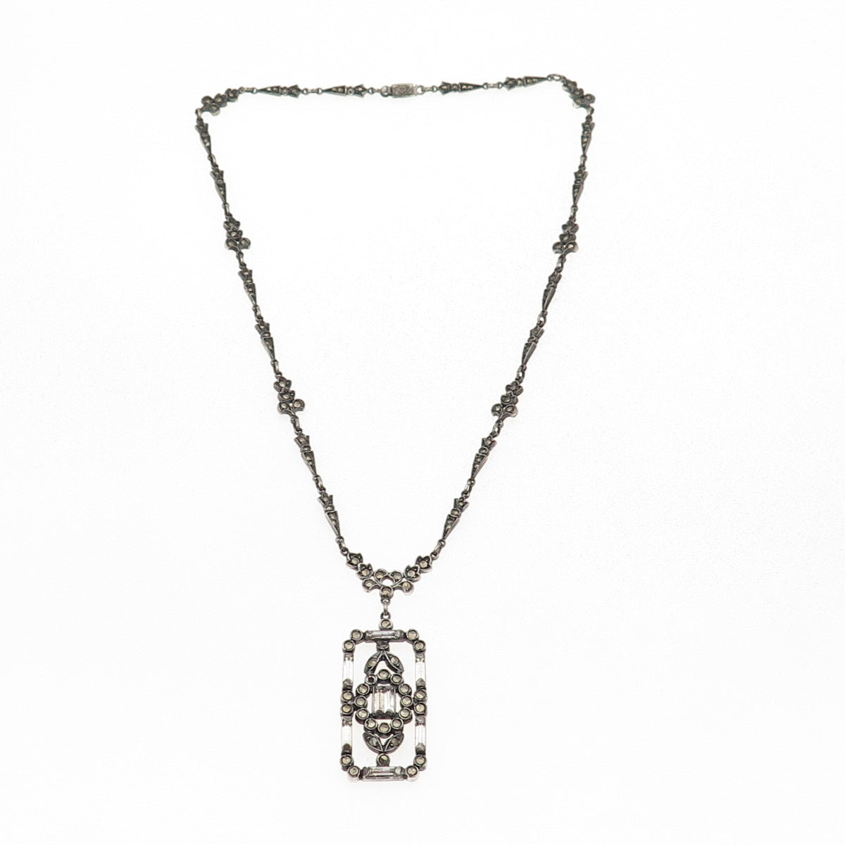 925 Sterling Antique Rhinestone & Marcasite Chain Necklace 16" (missing 1 stone)