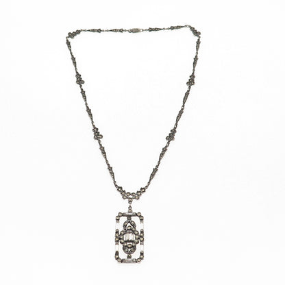 925 Sterling Antique Rhinestone & Marcasite Chain Necklace 16" (missing 1 stone)