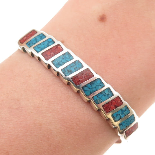 Carolyn Pollack Old Pawn Sterling Vintage Turquoise & Coral Inlay Bracelet 5.75"