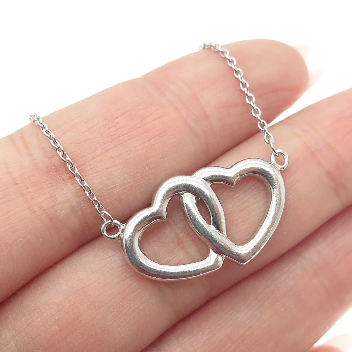 925 Sterling Silver Vintage Couple of Hearts Cable Chain Necklace 16"