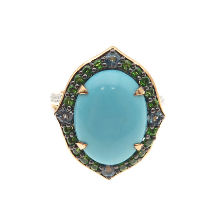 925 Sterling Gold Plated Real Turquoise Peridot Blue White Topaz Ring Size 8.25