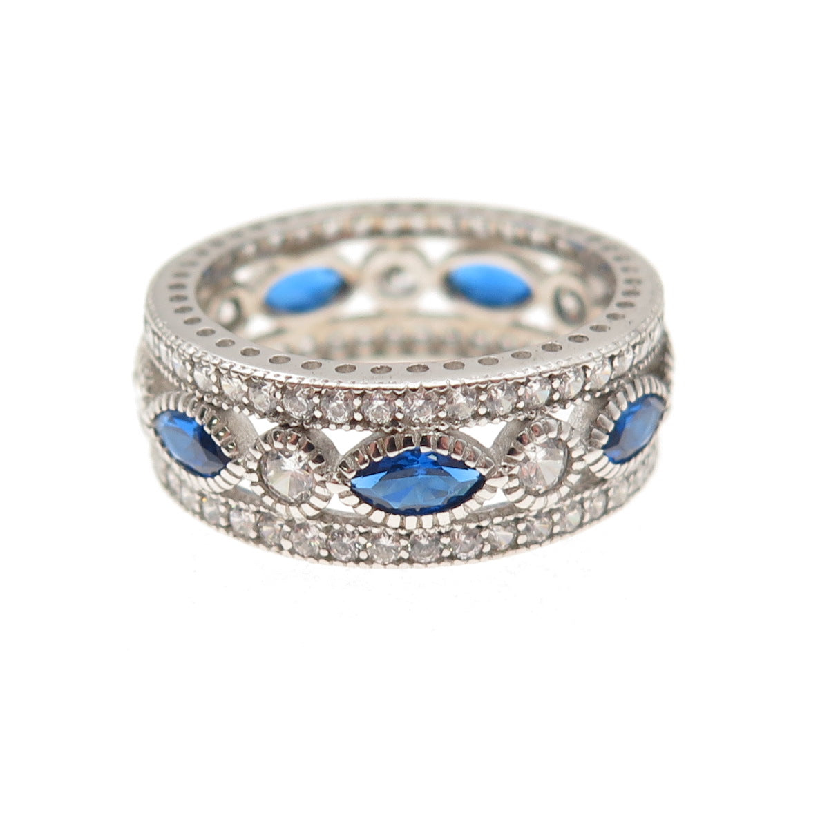 925 Sterling Silver Blue & White C Z All Around Band Ring Size 6.25