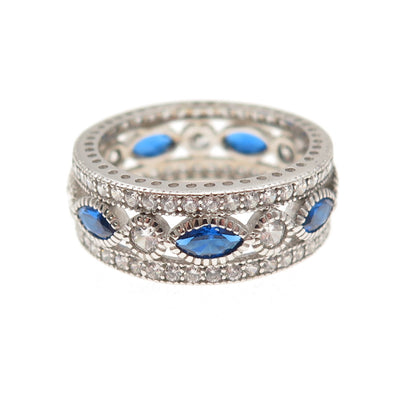 925 Sterling Silver Blue & White C Z All Around Band Ring Size 6.25