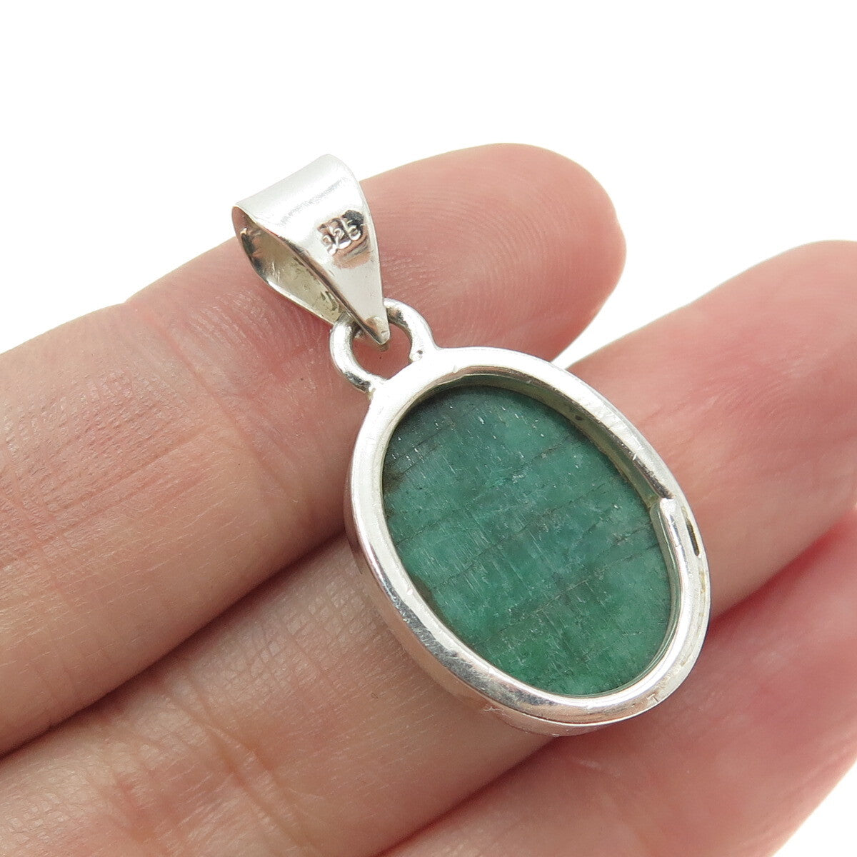 925 Sterling Silver Vintage Real Checkered Emerald Gemstone Pendant