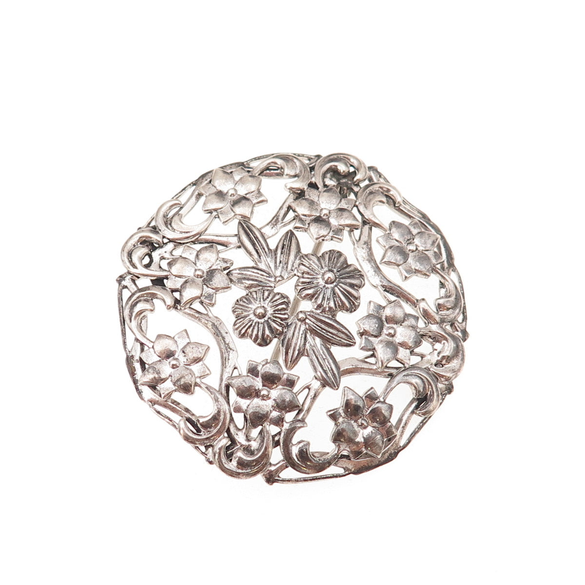 925 Sterling Silver Antique Art Deco Floral Oxidized Pin Brooch