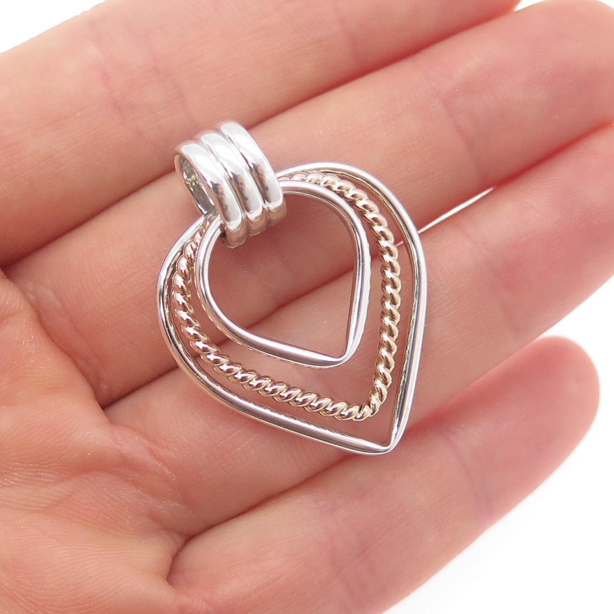 925 Sterling Silver 14K Rose Gold Vintage PE CO. 3-Row Heart Charm Pendant